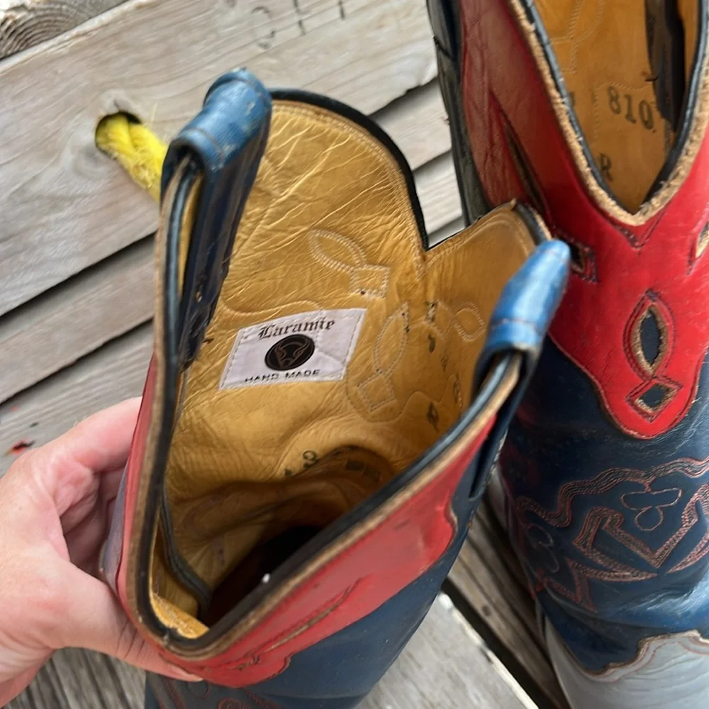 Vintage Laramie Handmade Western Boots Tri Color Red Blue Gray Leather Size 7 - Picture 13 of 17